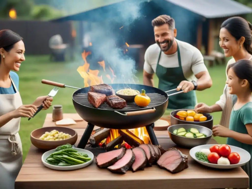 Una escena familiar en una clase de asado, con una mesa rústica llena de comida y utensilios de parrilla