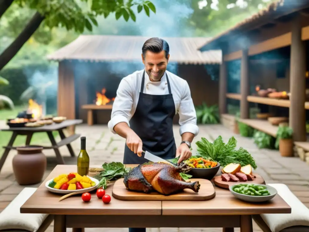 Una escena familiar con Clases de asado en familia: mesa rústica al aire libre, variedad de alimentos y chef enseñando a cocinar a la parrilla