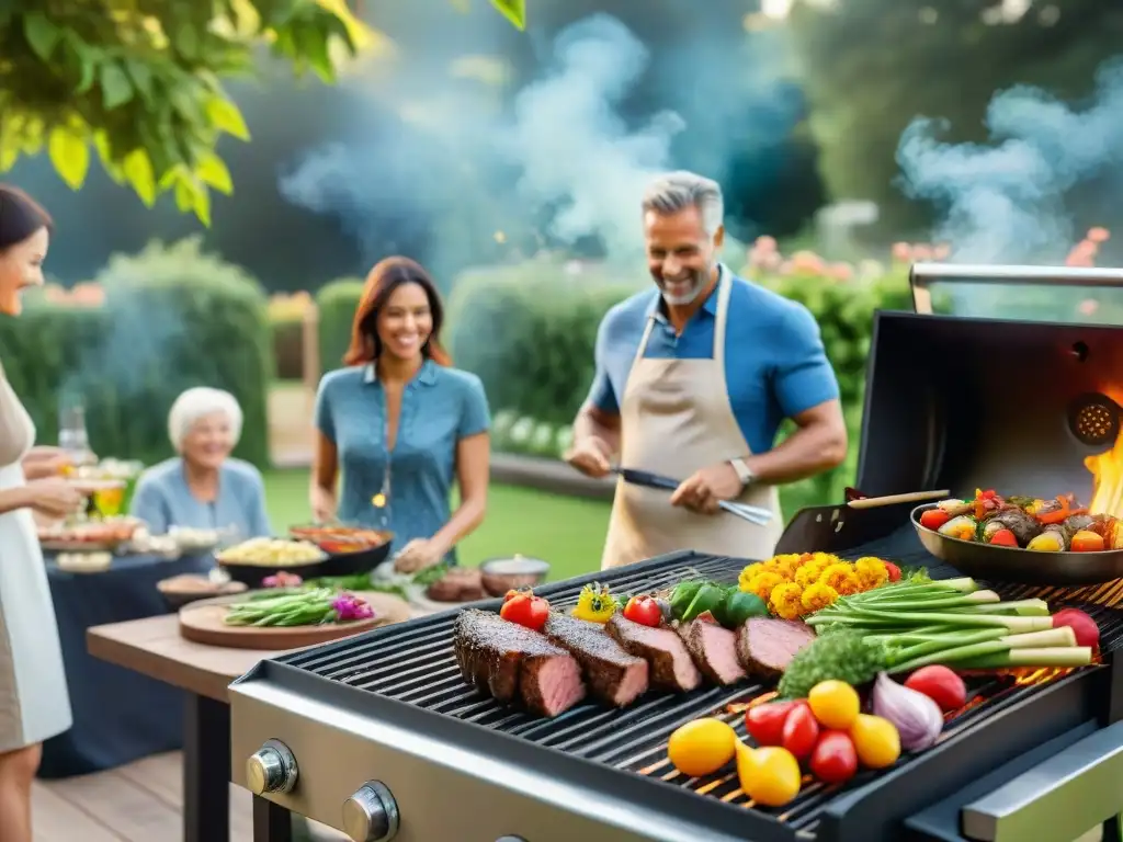 Una escena familiar llena de alegría alrededor de una parrillada con una variedad de alimentos, en un entorno natural