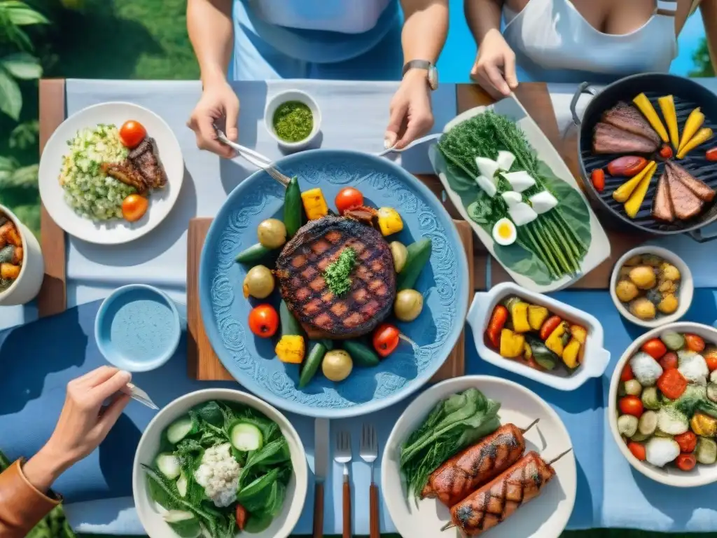 Una escena familiar disfrutando de un saludable asado uruguayo con conciencia en un entorno natural y vibrante