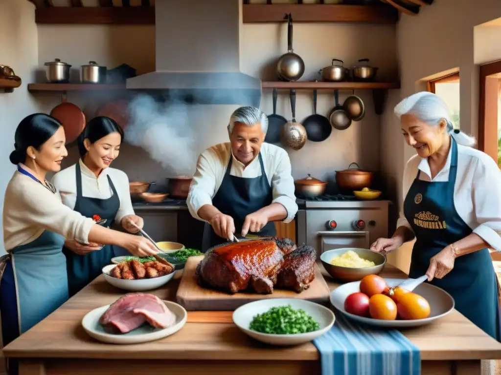 Escena familiar uruguaya tradicional en cocina cálida, compartiendo recetas de asado