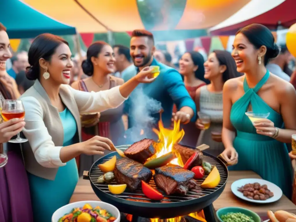 Una escena festiva al aire libre con estilos de asado en celebraciones, gente diversa riendo y disfrutando del ambiente alegre