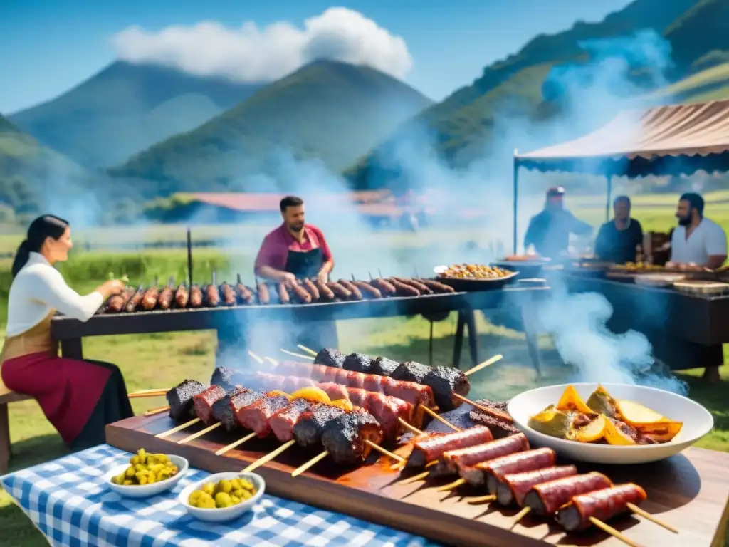 Una escena festiva de un asado tradicional uruguayo con mesa repleta de carnes a la parrilla y lugareños disfrutando