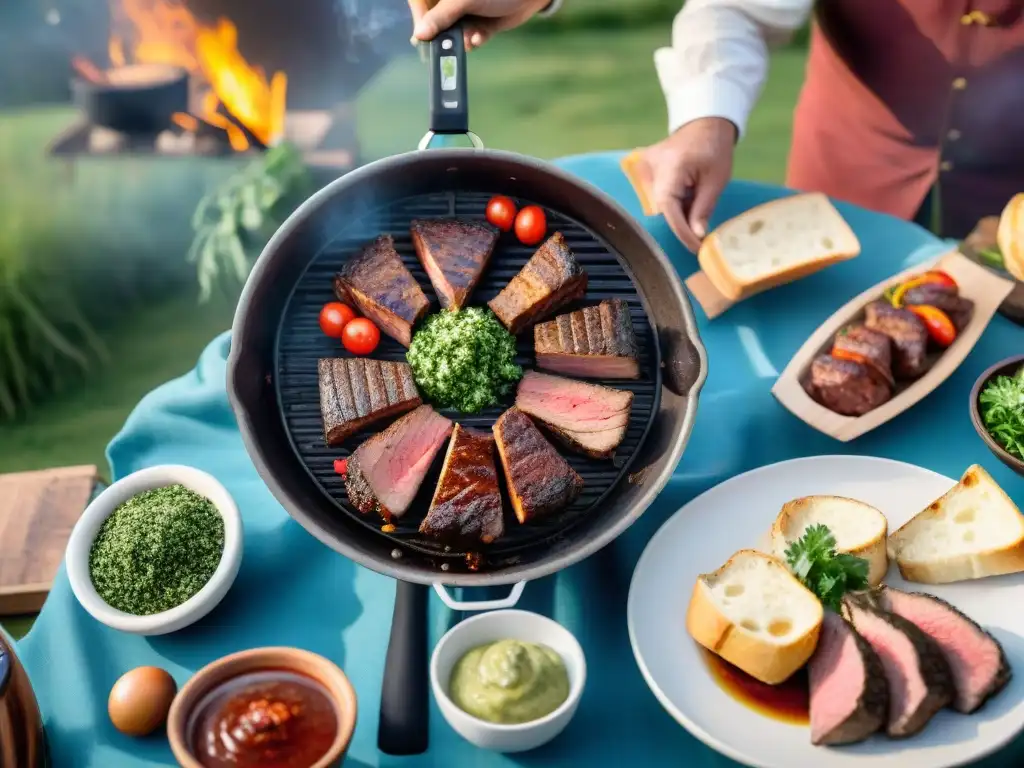 Una escena festiva de un asado tradicional uruguayo en el campo, con amigos disfrutando