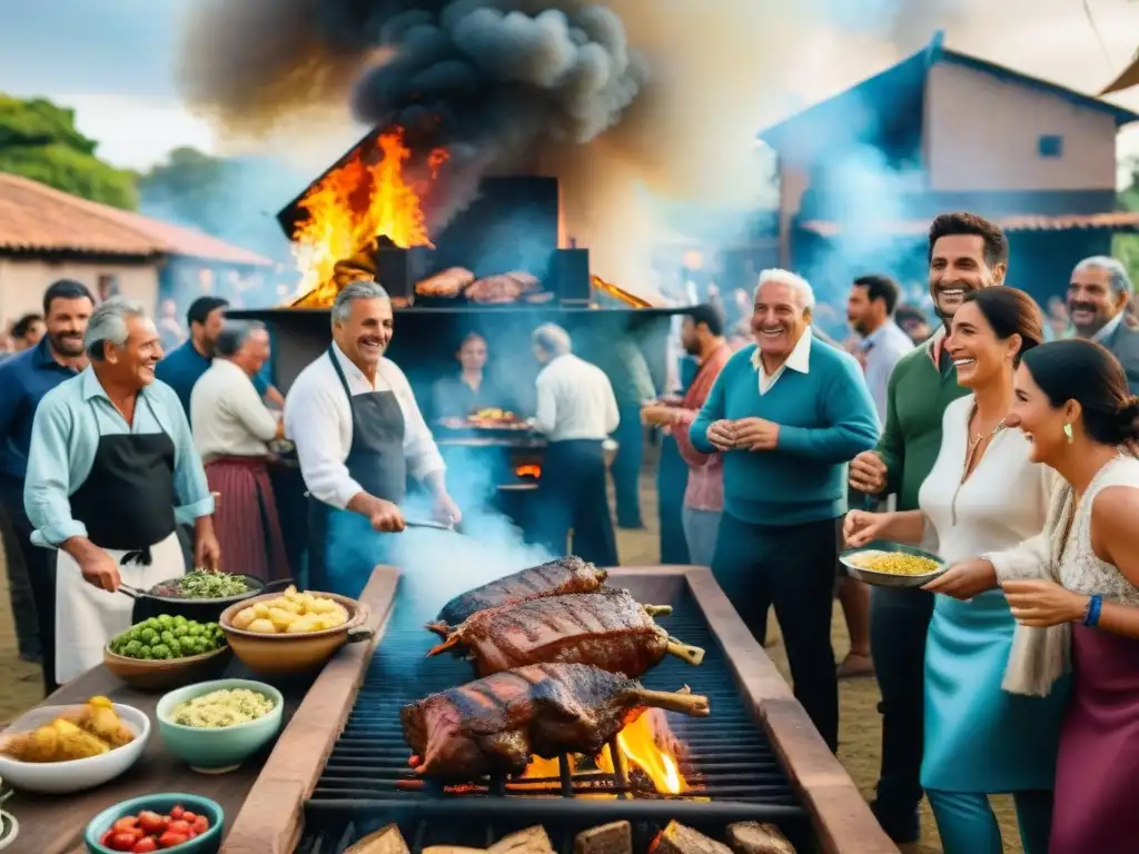 Una escena festiva con un asado uruguayo rodeado de gente riendo y disfrutando