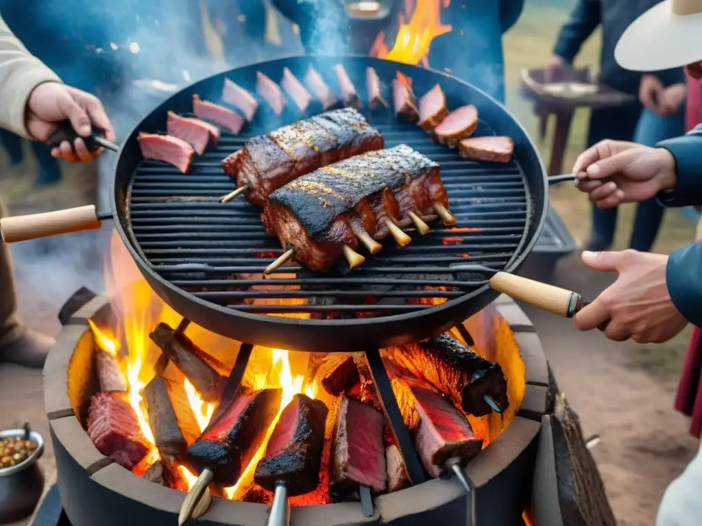 Escena festiva de un asado uruguayo: parrilla con carne, gente disfrutando, decoraciones coloridas y música tradicional