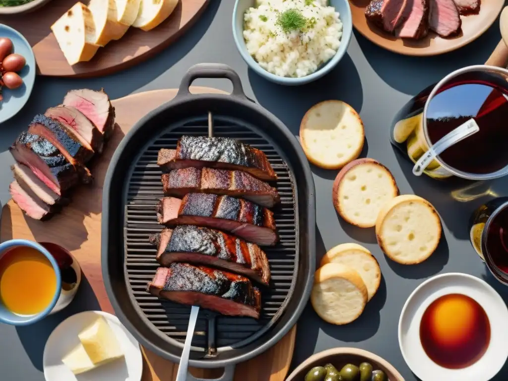 Una escena festiva de un asado uruguayo con bebidas fermentadas, resaltando la riqueza de los colores y texturas