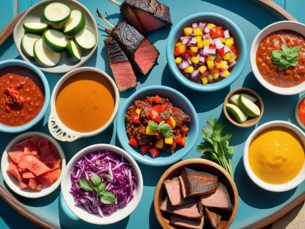 Una escena festiva de asado uruguayo con coloridas salsas variadas en cuencos