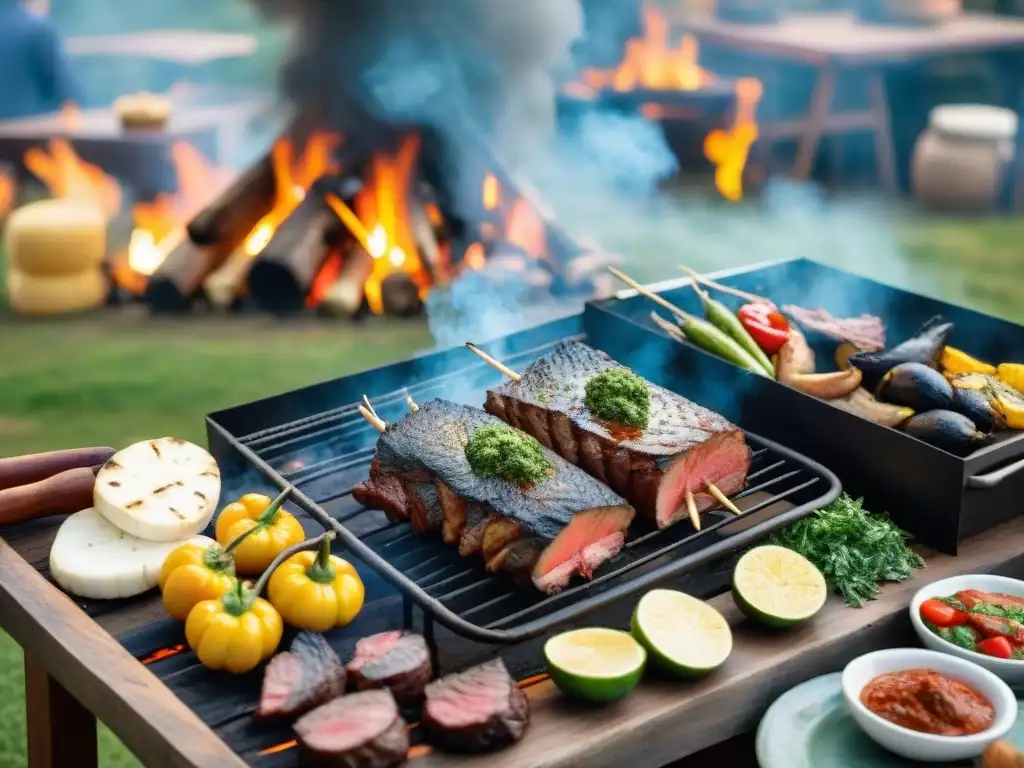 Escena festiva de un asado uruguayo tradicional con amigos y familiares disfrutando de una parrillada al aire libre con carnes y guarniciones