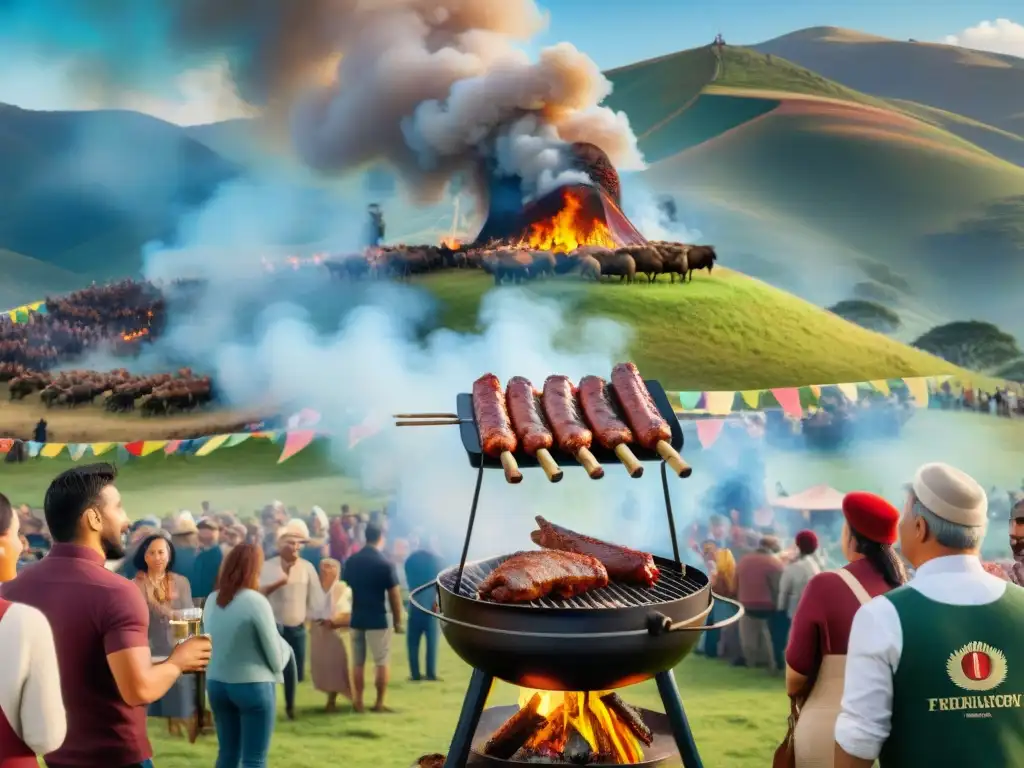 Una escena festiva en un asado uruguayo tradicional, con grupos de personas disfrutando del festín al aire libre