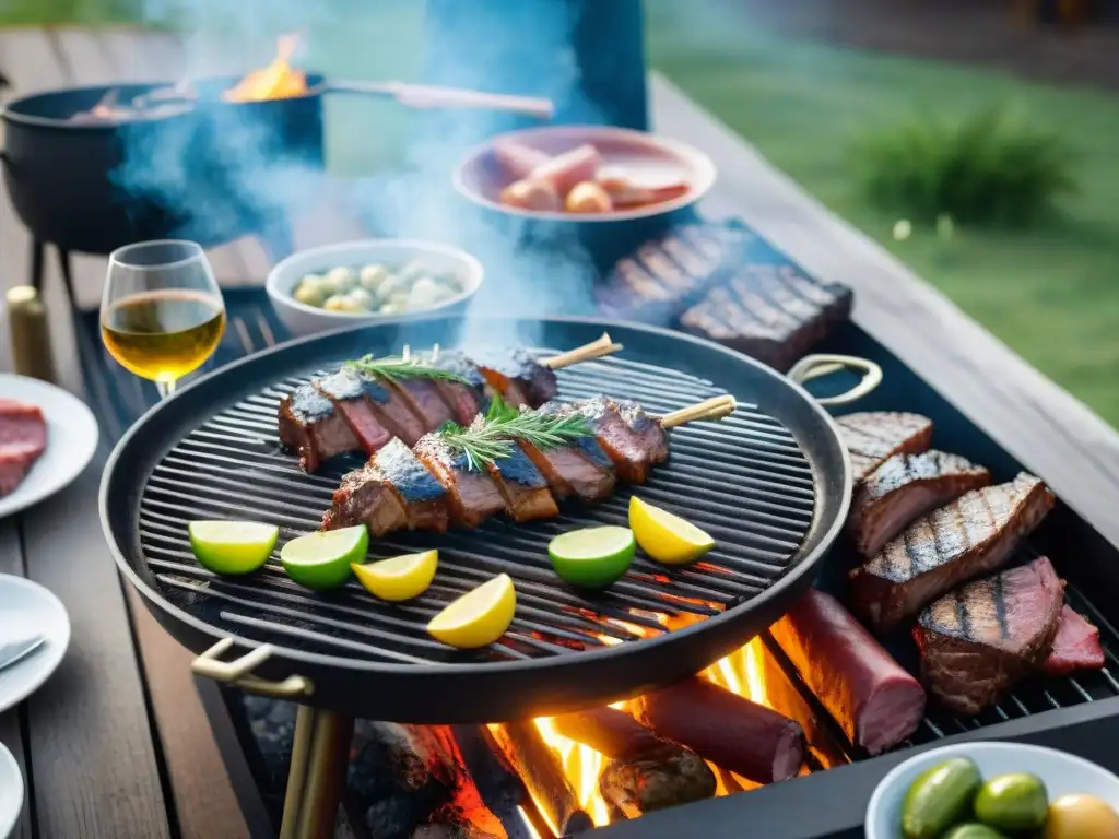 Una escena festiva de un asado uruguayo con vinos espumosos, amigos y familia celebrando bajo el sol