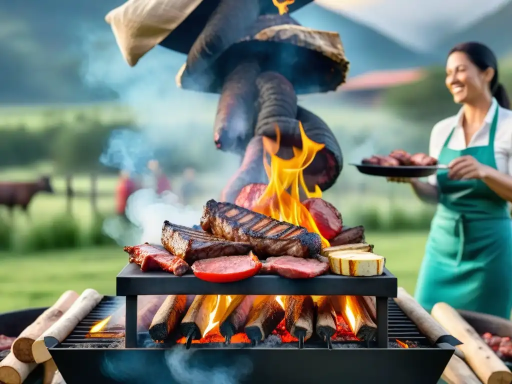 Escena festiva de asado uruguayo con amigos, parrilla cargada de carnes y chorizos, humo y brasas brillantes en el campo