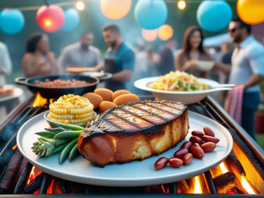 Una escena festiva de un evento al aire libre con asado, gente disfrutando de la comida y decoraciones coloridas al atardecer