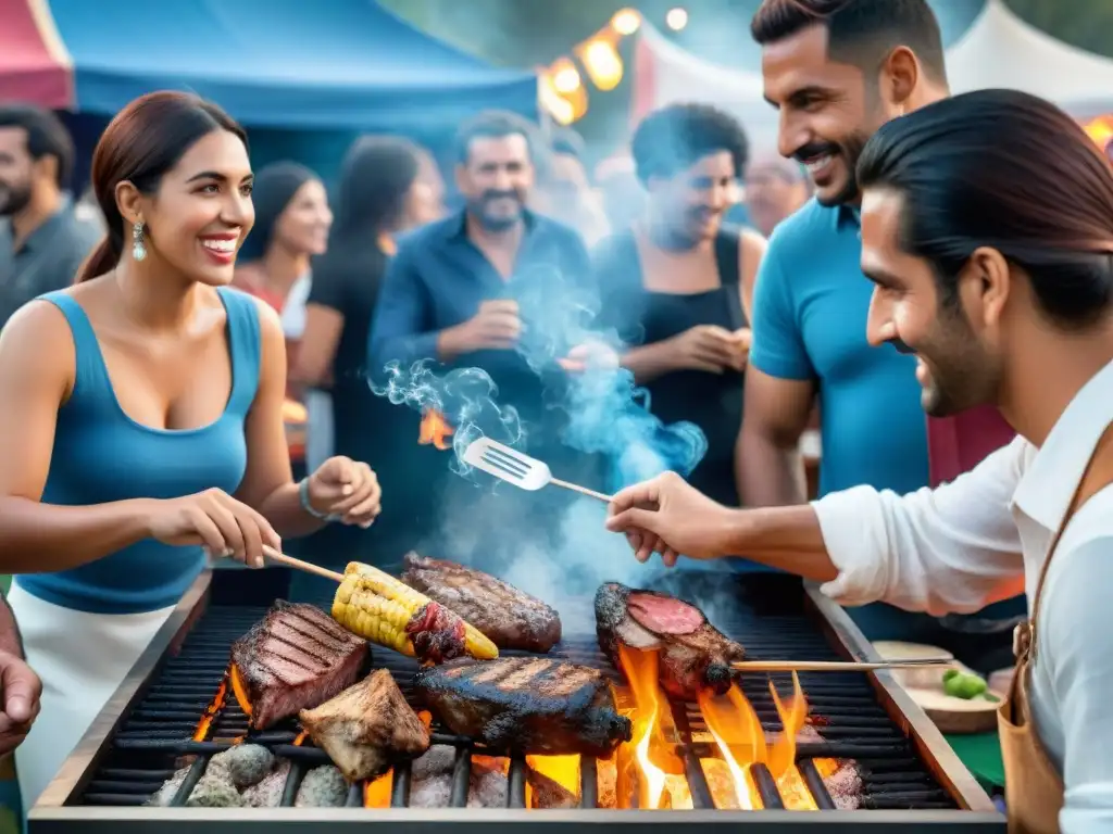 Escena festiva en Uruguay con gente diversa alrededor de una parrilla en un festival