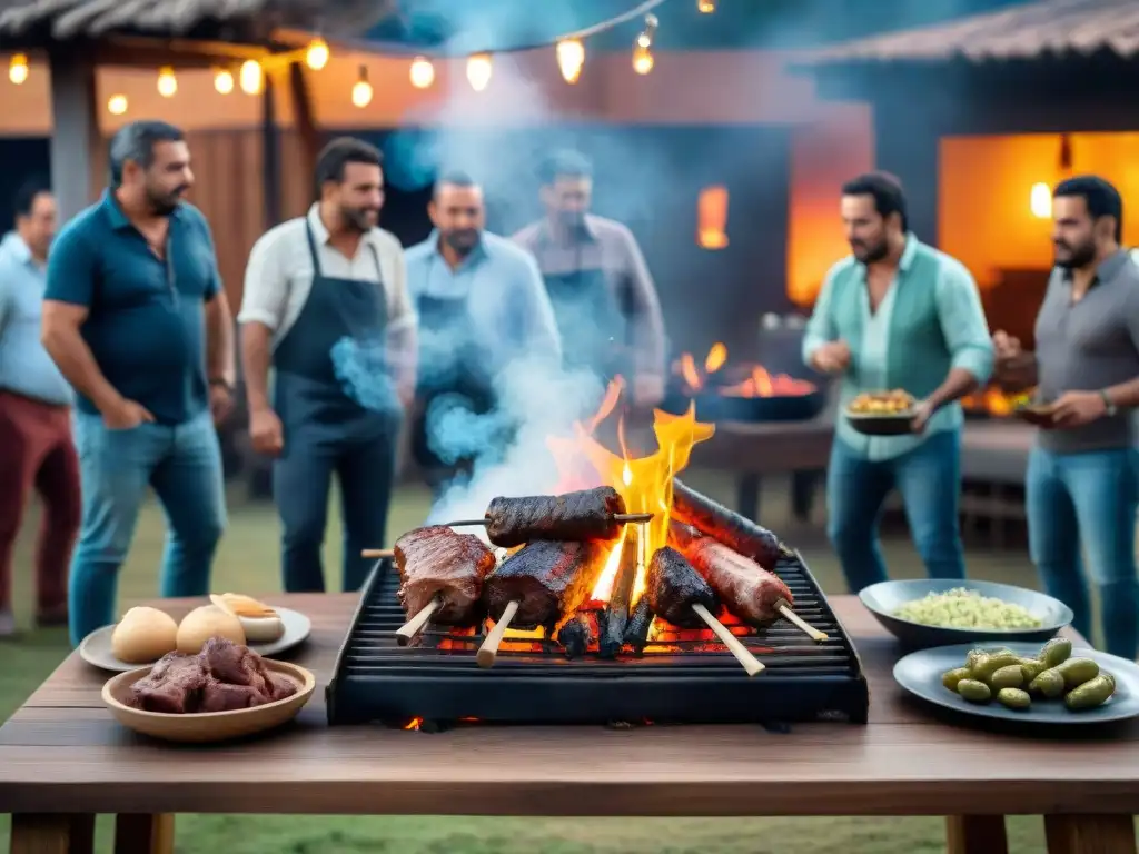 Una escena festiva del legado cultural del asado uruguayo: amigos alrededor de la parrilla con carne sizzling y decoraciones alegres