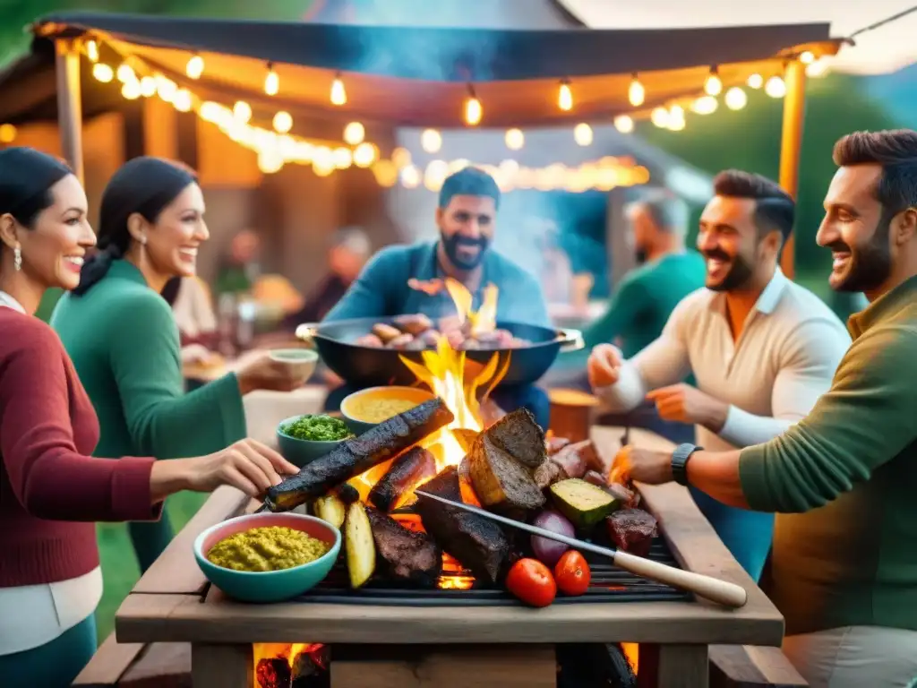 Una escena festiva de un tradicional asado uruguayo al aire libre con grupos de personas disfrutando, iluminados por luces coloridas