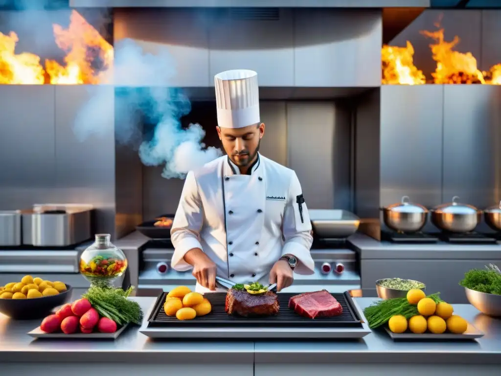 Escena futurista de una parrilla vanguardista con ingredientes innovadores y chef moderno