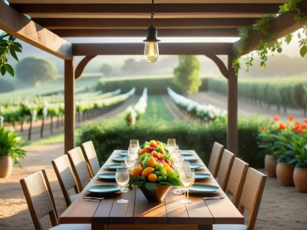 Escena gastronómica en estancia de Uruguay con mesa elegante en medio de naturaleza exuberante y flores, capturando lujo y placer culinario