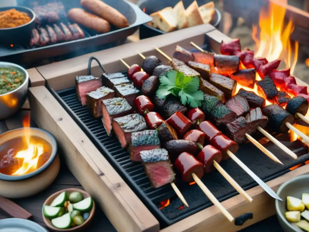 Una escena gastronómica uruguaya con un asado tradicional al aire libre al anochecer