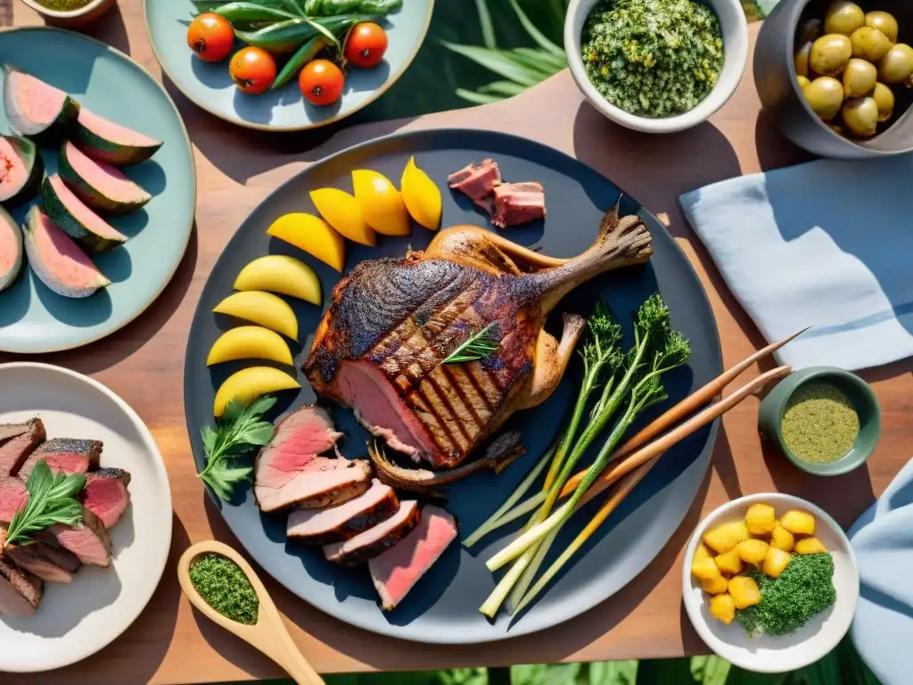 Una escena gourmet de asado al aire libre en Uruguay con carne exótica para asado gourmet y acompañamientos tradicionales