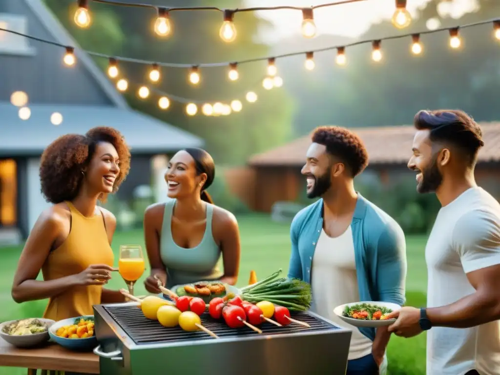 Una escena de grupo disfrutando un asado sostenible en un jardín acogedor al atardecer, superando barreras