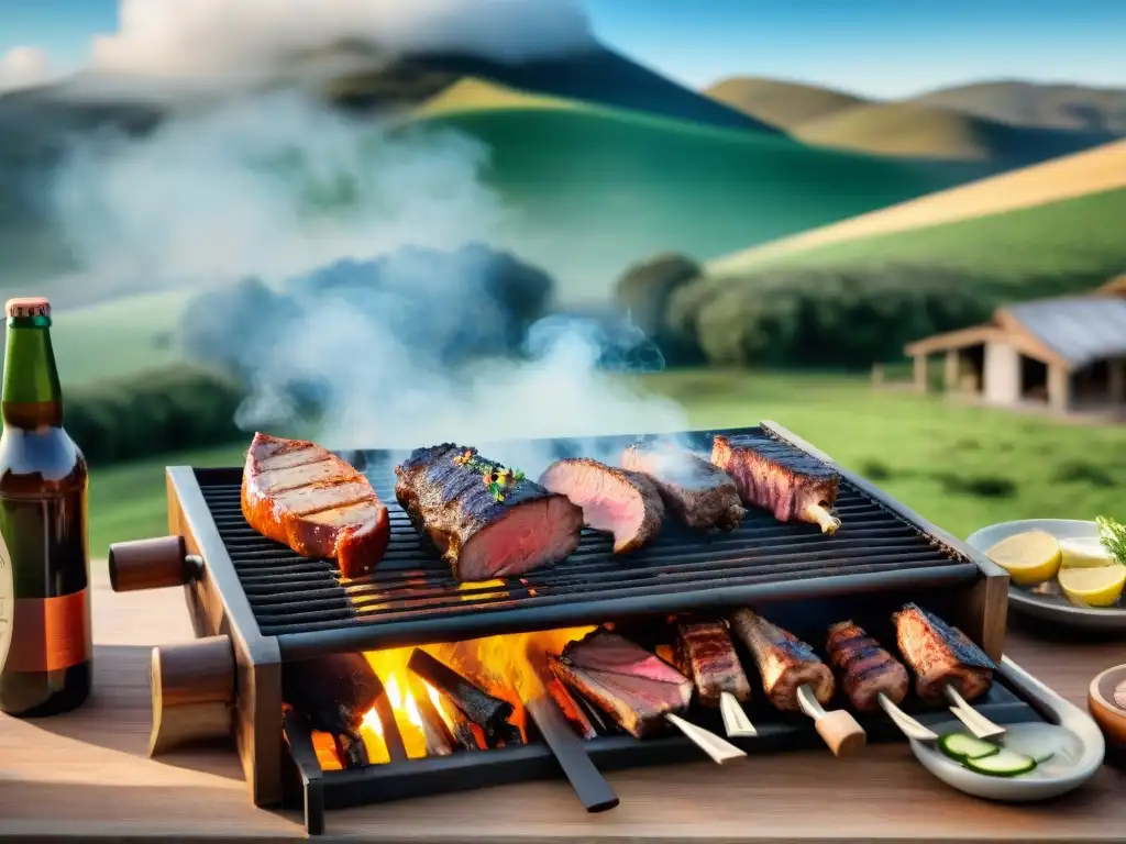 Una escena hiperrealista de un asado tradicional uruguayo, maridaje asado uruguayo cervezas artesanales, en un entorno de colinas verdes y cielo azul