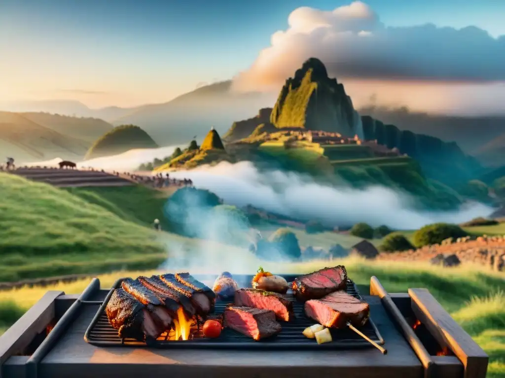 Una escena de la historia del asado uruguayo tradicional: gauchos cocinando carne en una parrilla en el campo al atardecer