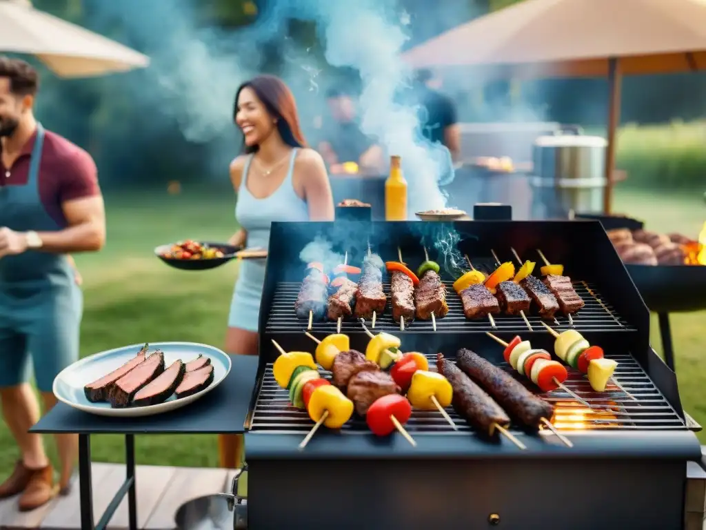 Una escena idílica de amigos disfrutando un asado al aire libre, con carnes y vegetales en la parrilla, rodeados de humo y luz dorada