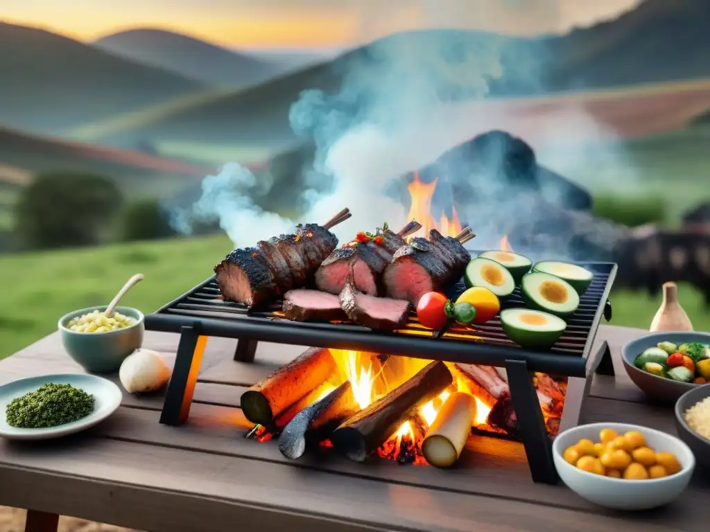 Una escena idílica de un asado tradicional uruguayo al aire libre al atardecer, con amigos y familia disfrutando juntos