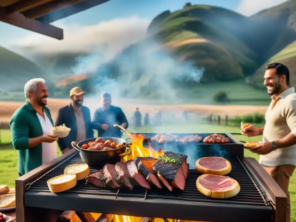 Una escena idílica de un asado tradicional uruguayo con orígenes multiculturales, donde la diversidad se une en torno a la parrilla