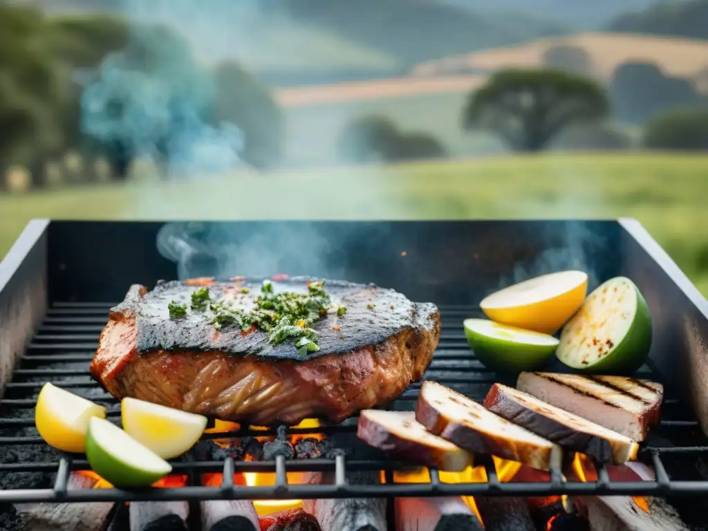 Escena idílica de un asado tradicional uruguayo en el campo, con carne asándose a la parrilla y productos locales