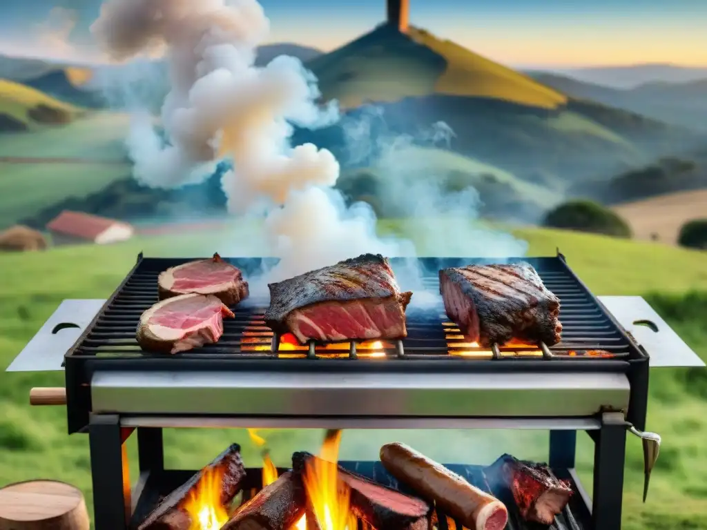 Una escena idílica de asado uruguayo, con expertos asadores y carne sizzling