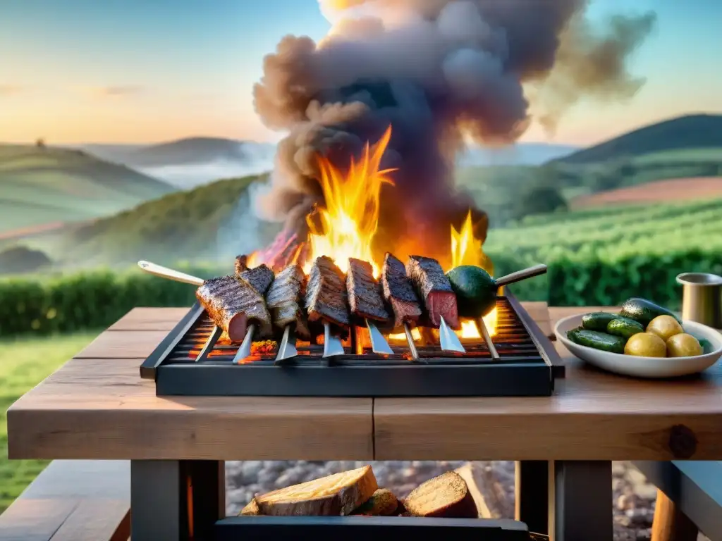 Una escena idílica de un asado uruguayo tradicional en el campo, donde amigos y familia comparten risas y delicias