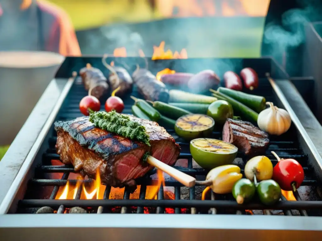 Una escena idílica de un asado uruguayo al atardecer con técnica ahumado casero