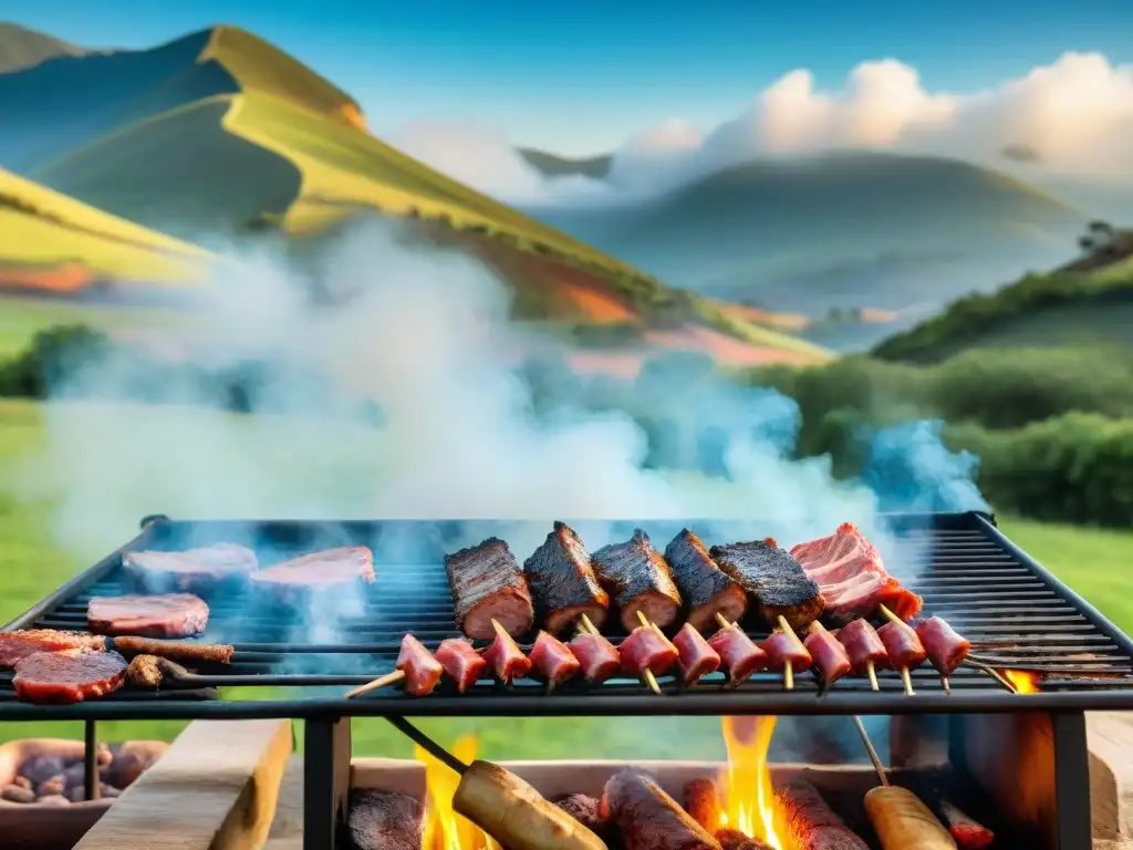 Escena idílica de un asado uruguayo tradicional con gauchos y carnes a la parrilla, en los Orígenes del asado uruguayo