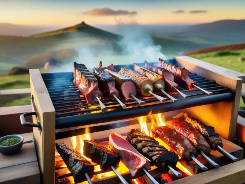 Escena idílica de un asado uruguayo tradicional en pleno apogeo, con técnicas ancestrales y un entorno campestre pintoresco