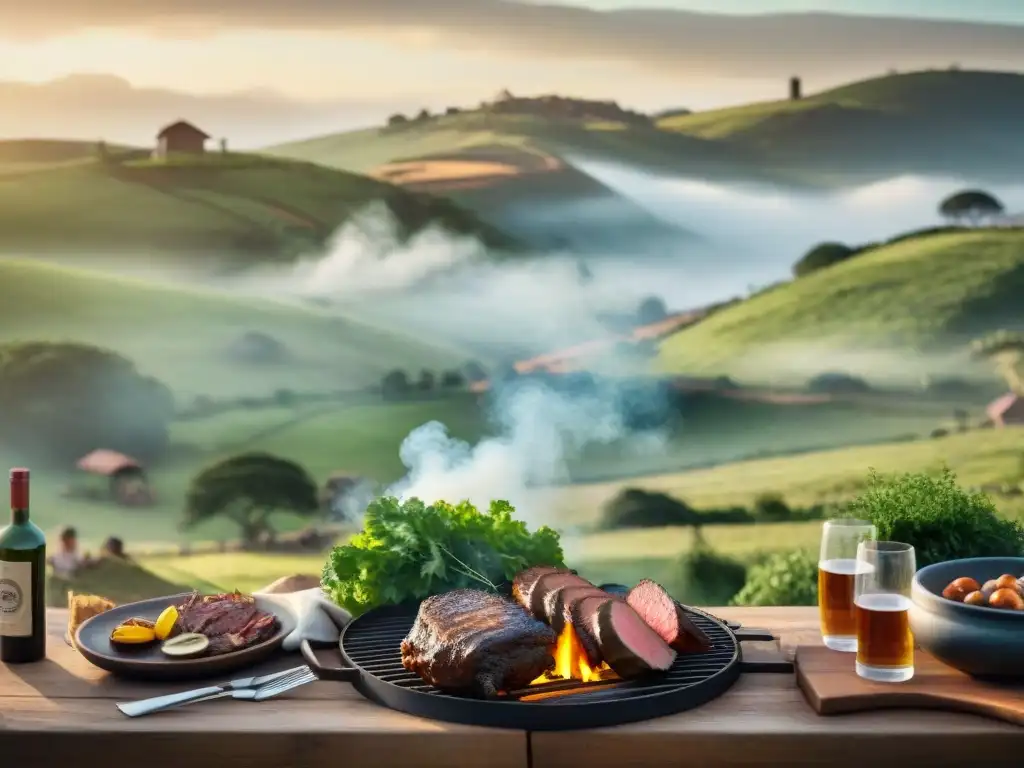 Una escena idílica de un asado uruguayo en pleno apogeo, rodeado de amigos y familiares en un entorno campestre pintoresco
