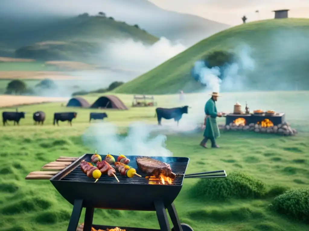 Una escena idílica de un asado uruguayo sostenible en un prado verde, con gauchos y parrillas tradicionales