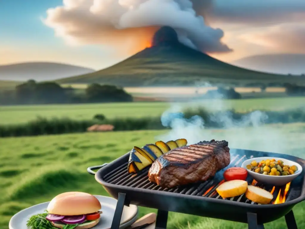 Una escena idílica de campo en Uruguay con un asado tradicional rodeado de proteínas alternativas, bañada por cálida luz solar