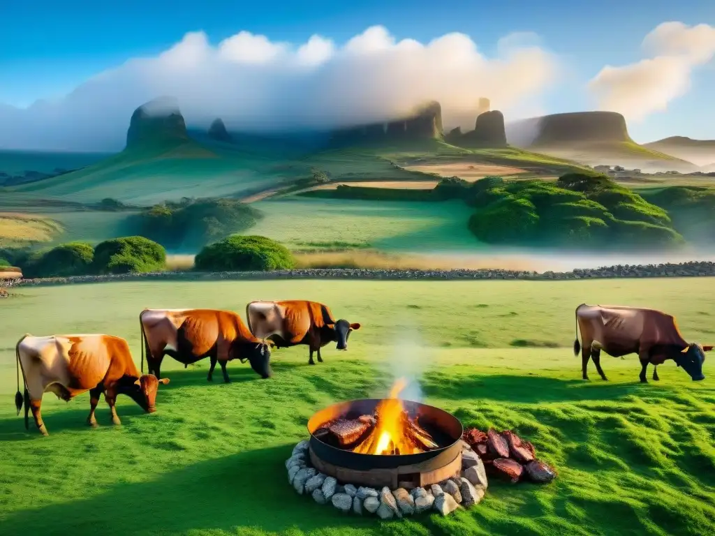 Una escena idílica de campo uruguayo con carne sostenible para asado, pastizales verdes y agricultores dedicados