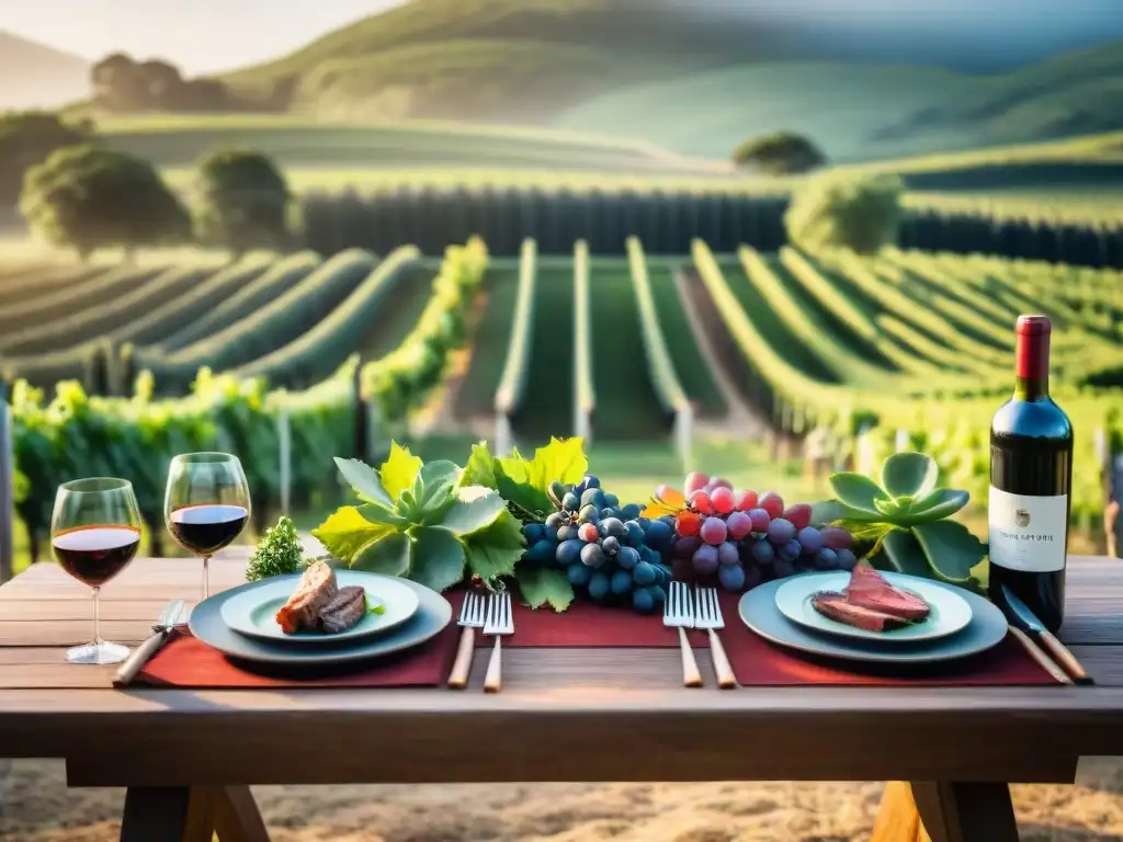 Escena idílica de Cata de vinos con asado Uruguayo en viñedo verde, con vino y carne asada