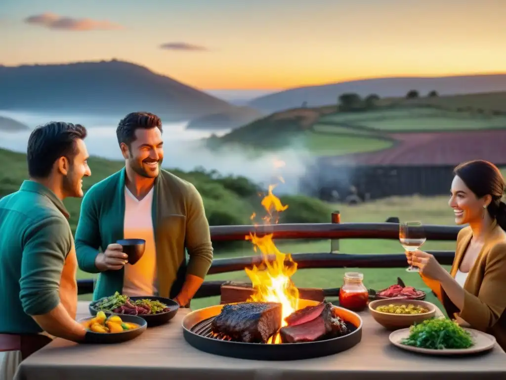 Una escena idílica en una estancia uruguaya con un asado al atardecer entre amigos y familiares