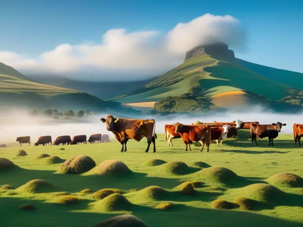 Escena pastoral en Uruguay: Ganado y gaucho en armonía Escena idílica en Uruguay: extenso campo verde, ganado saludable y un gaucho tradicional