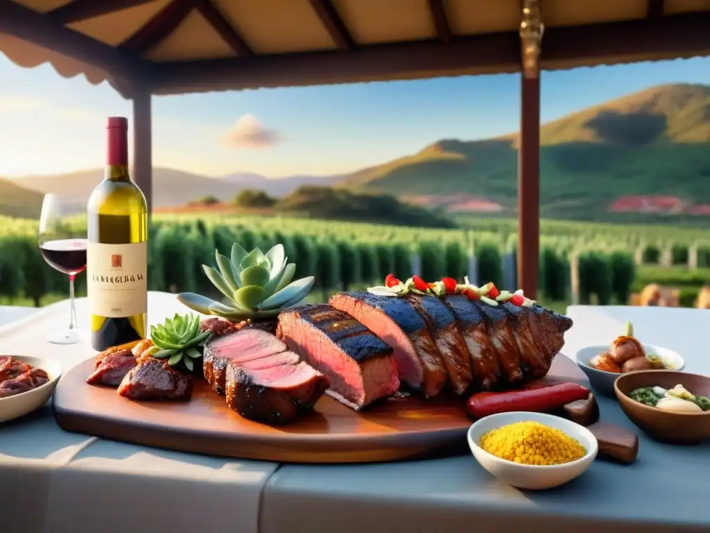 Una escena idílica de maridaje vinos carnes asado uruguayo en una mesa rústica con carnes a la parrilla y vinos en hielo, al atardecer