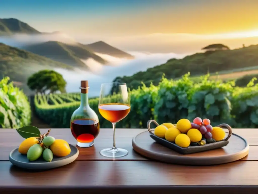 Escena idílica: mesa rústica lista para asado con vinos uruguayos, copas elegantes, entorno natural al atardecer cálido