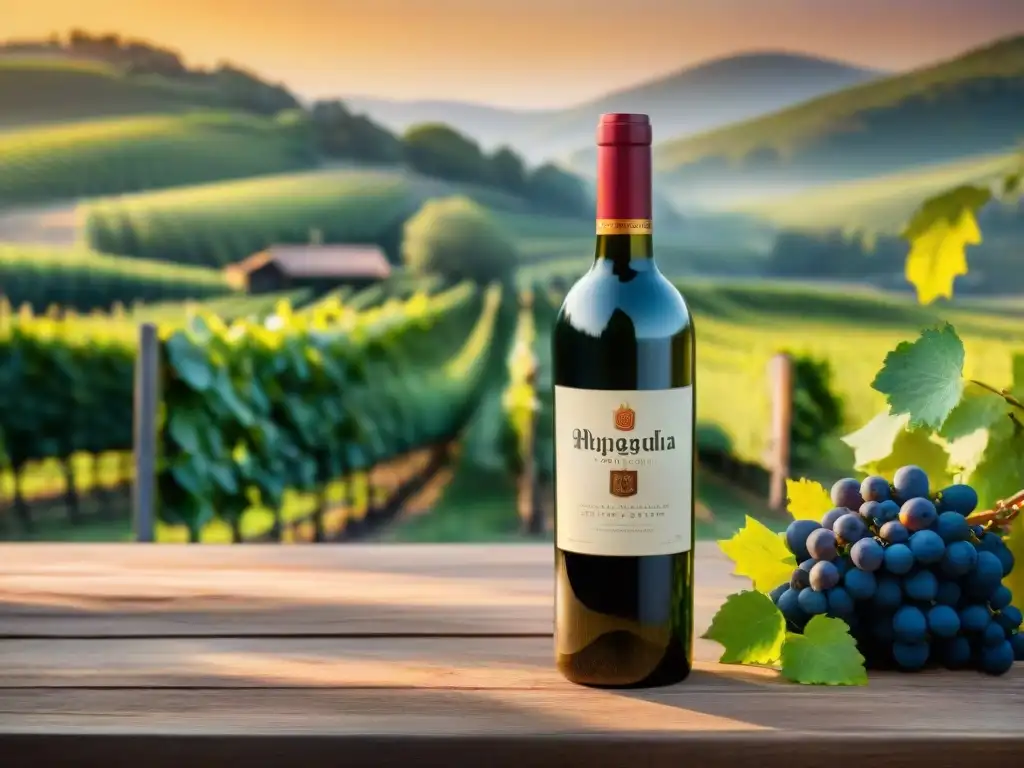 Escena idílica: mesa rústica con vinos de autor para asados, viñedos al atardecer dorado