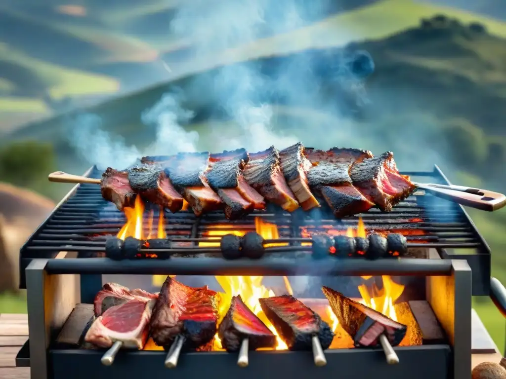 Una escena idílica del origen tradicional del asado uruguayo, con una variedad de carnes cocinándose sobre la parrilla en un entorno campestre