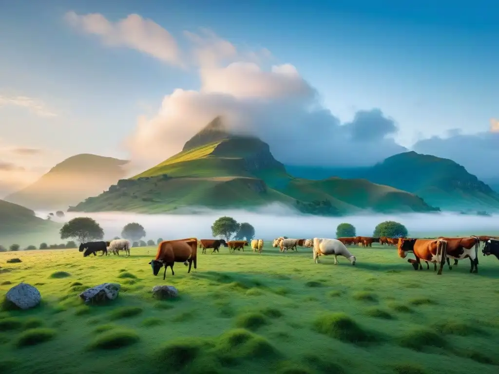 Una escena idílica de sostenibilidad en la alimentación animal: diversidad de animales pastando en un prado verde bajo un cielo azul claro