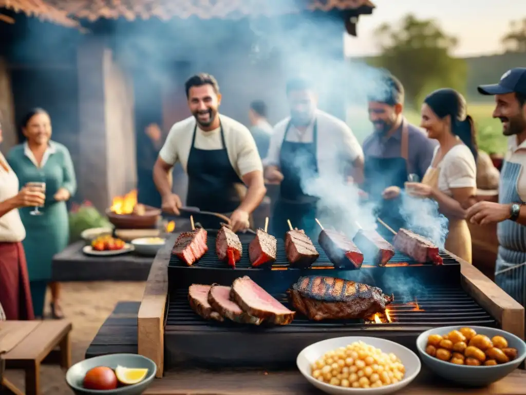 Una escena idílica de un tradicional asado uruguayo, con amigos y familia disfrutando de una comida al aire libre