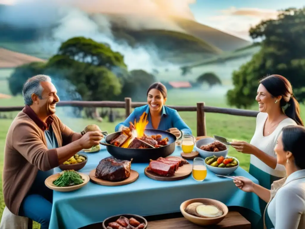 Una escena idílica de un tradicional asado uruguayo en el campo, con amigos y familiares disfrutando de una comida al aire libre